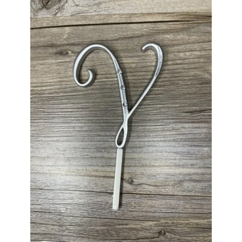 Wedding Small V Silver Finish Monogram Initial Rhinestones Cake Topper